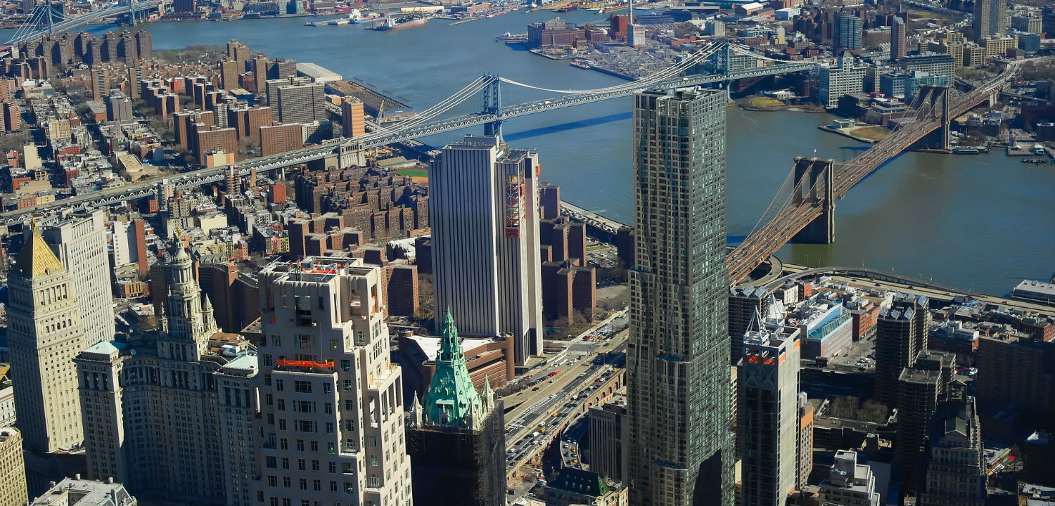 Aerial view of Lower Manhattan with the Brooklyn and Manhattan bridges