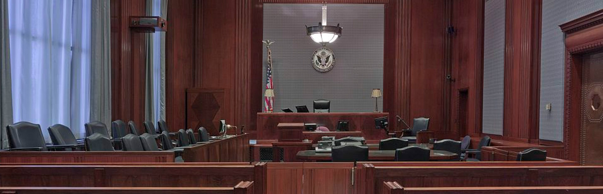 The interior of an empty courtroom
